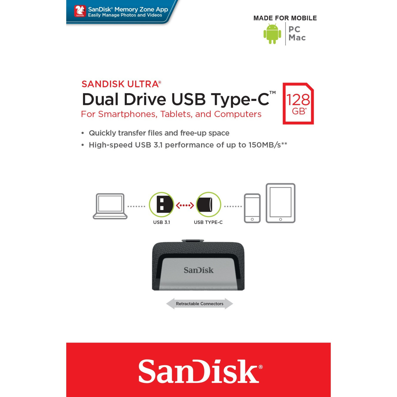 SanDisk Ultra Dual Drive - 128GB - USB 3.2 Gen 1 (USB 3.1) Type-A & Type-C - Black/Silver — Buy in Cyprus with Fast Delivery