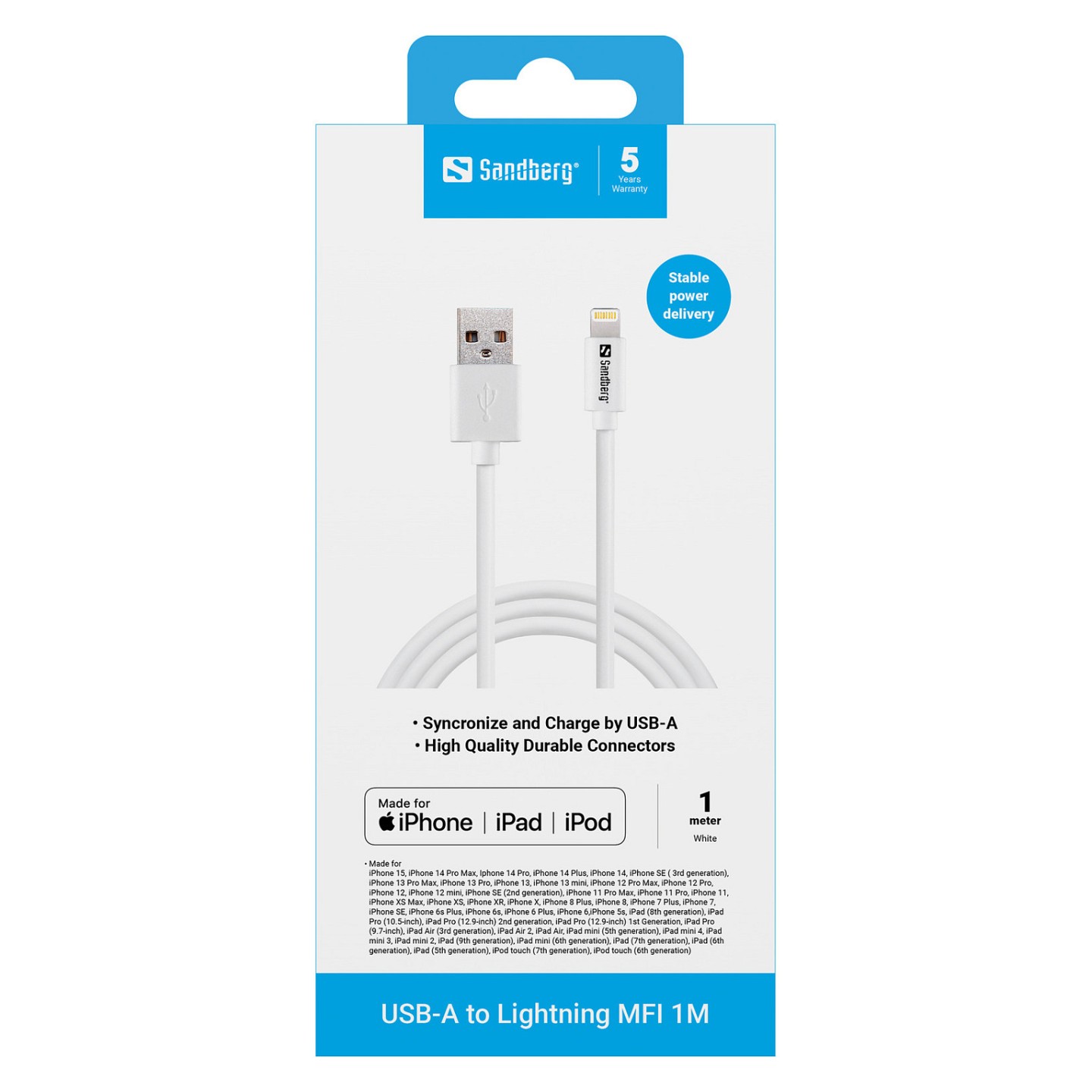 USB3.0 to Lightning (ST-ST) 1m Sandberg White — Buy in Cyprus with Fast Delivery