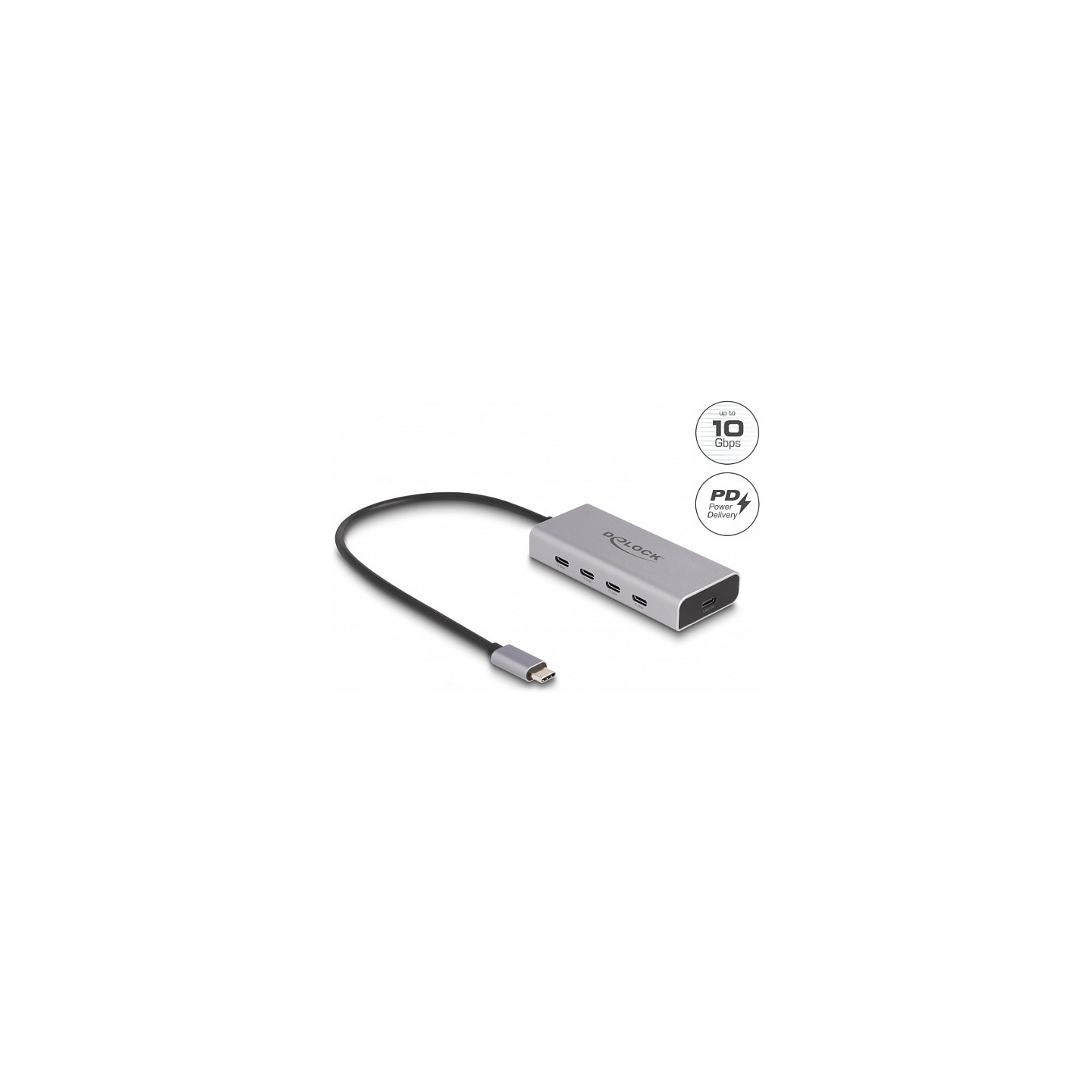 DELOCK USB 10 Gbps USB Type-C Hub mit 4 x USB Type-C Buchse + 1 x USB Type-C PD 85 Watt mit 30cm Anschlusskabel
