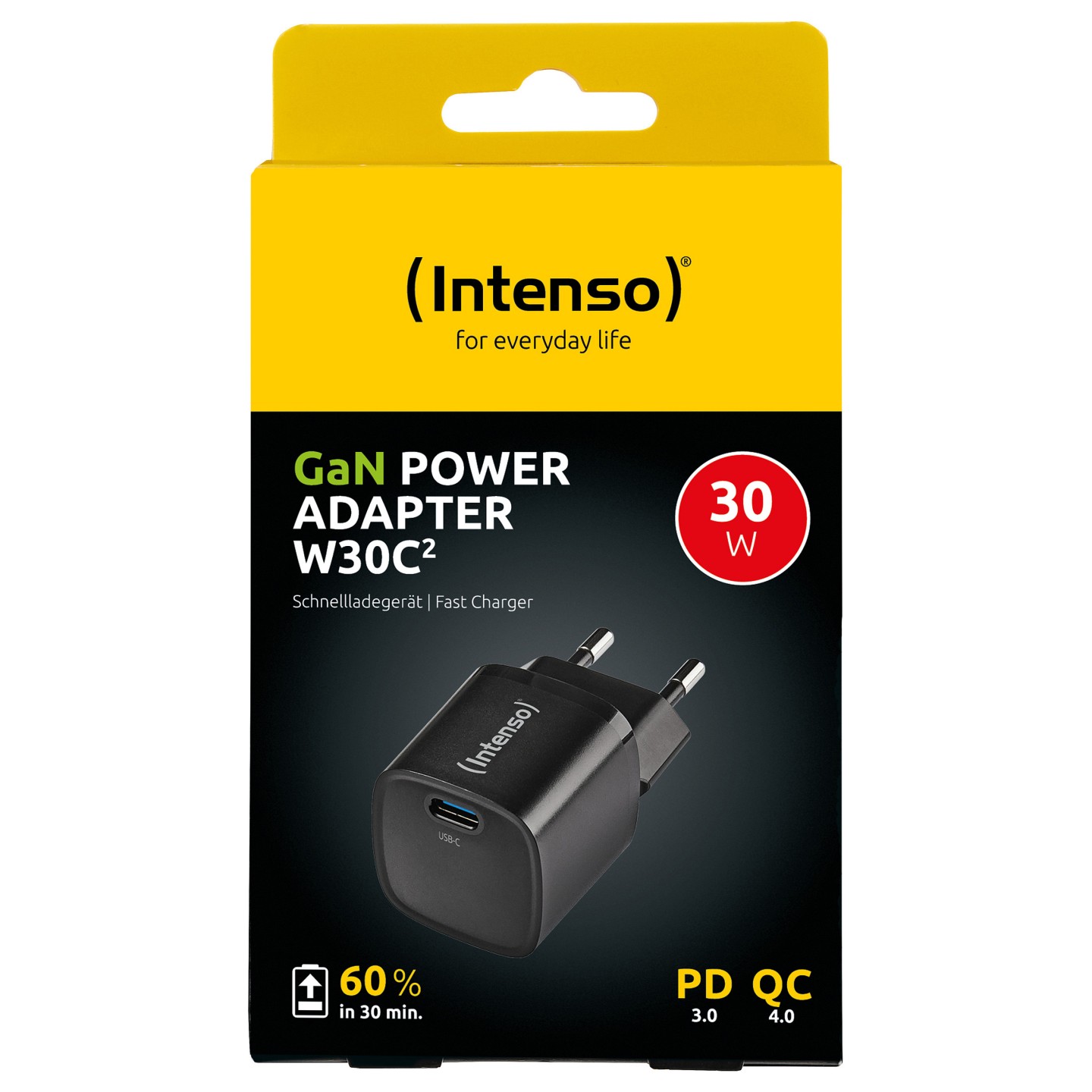 Intenso Power Adapter W30C2 GaN. Schwarz UBS-C-Ladeadapter mit 30 Watt Ladeleistung. Leichtes und handliches Design