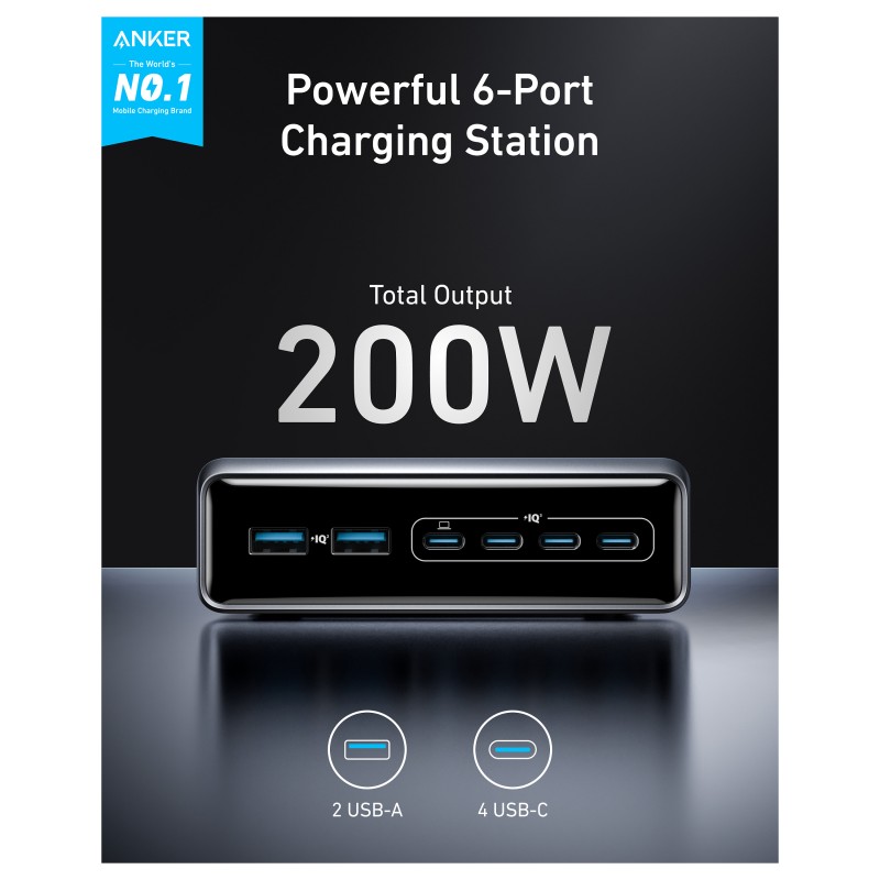 Anker Prime Charger 200W Desktop GaN 4 x USB-C 2 x USB-A black — Buy in Cyprus with Fast Delivery