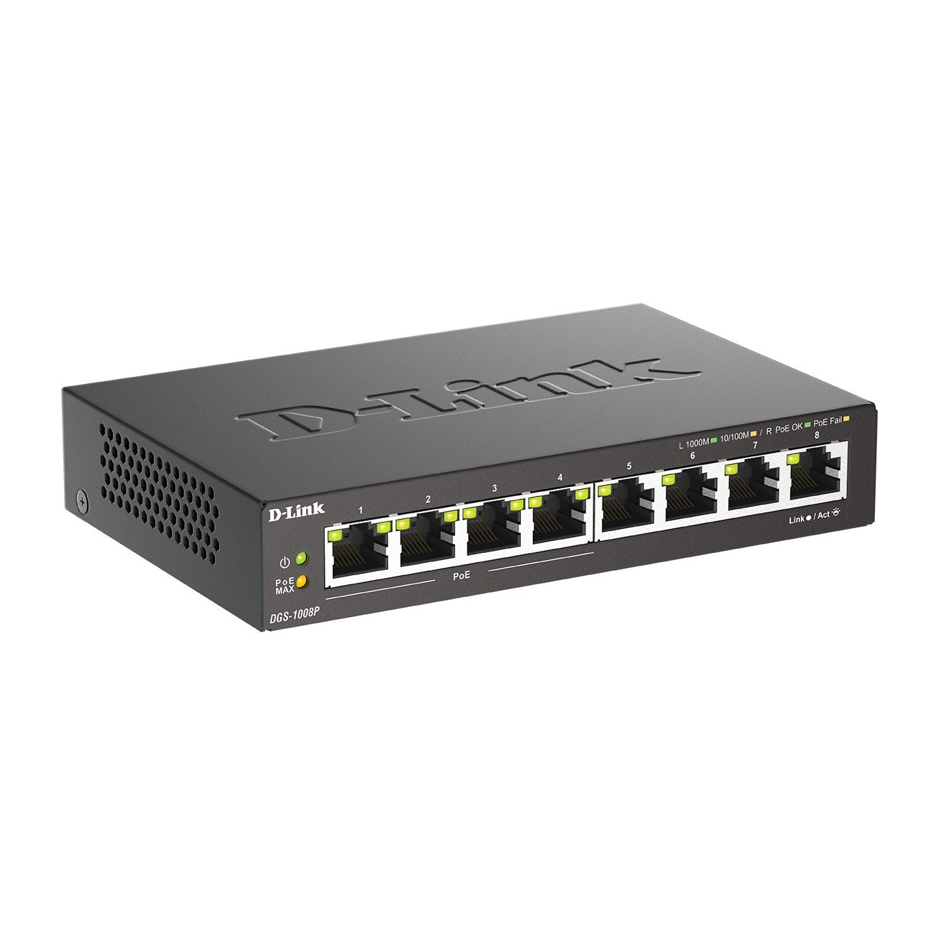 D-Link DGS-1008P - 8-Port Gigabit PoE+ Unmanaged Switch - Black Metal Desktop, 4 PoE+ Ports, 60W Budget