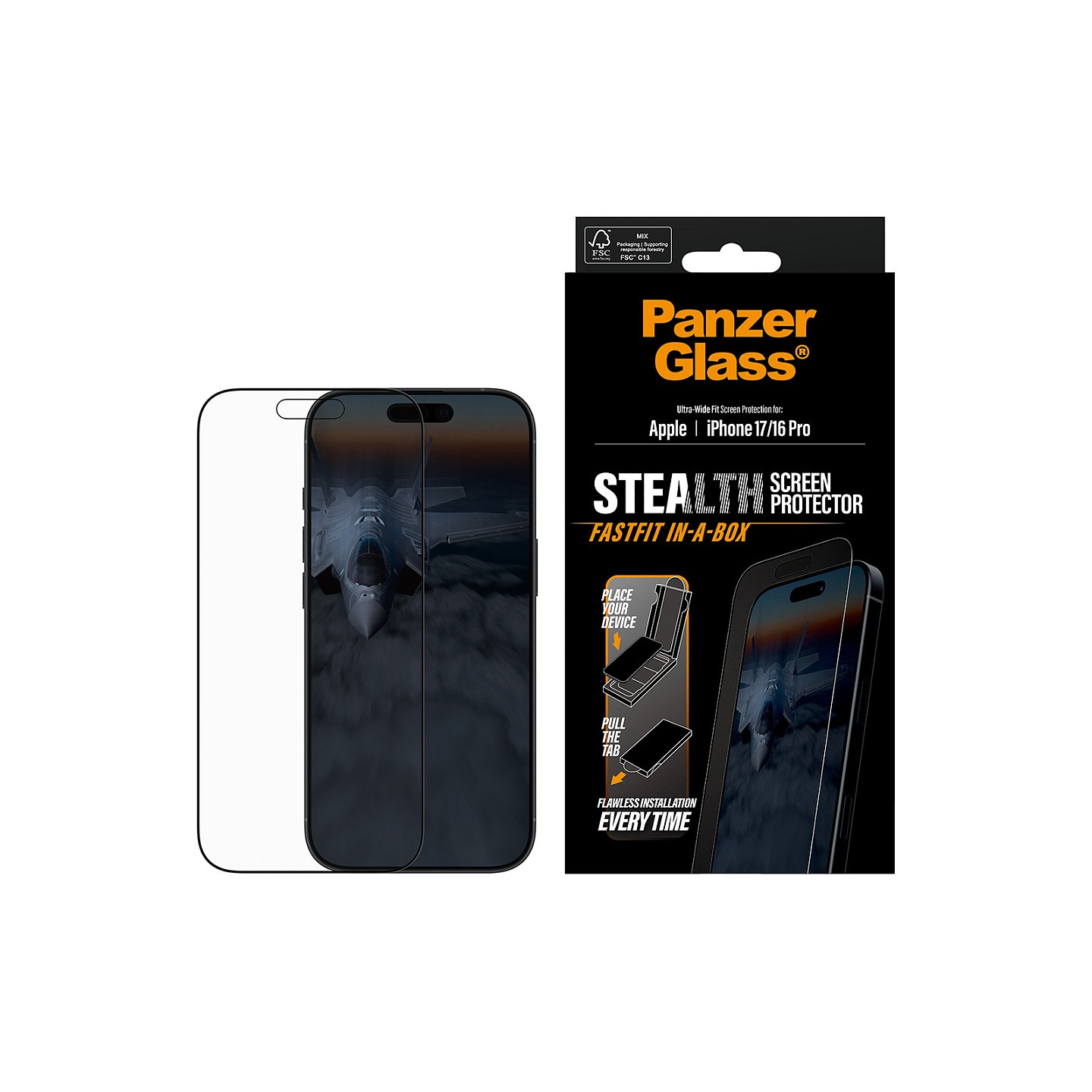 PanzerGlass Stealth Screen Protector w. Black Frame iPhone 17 iPhone 16 Pro Ultra-Wide Fit w. Fastfit in-a-box
