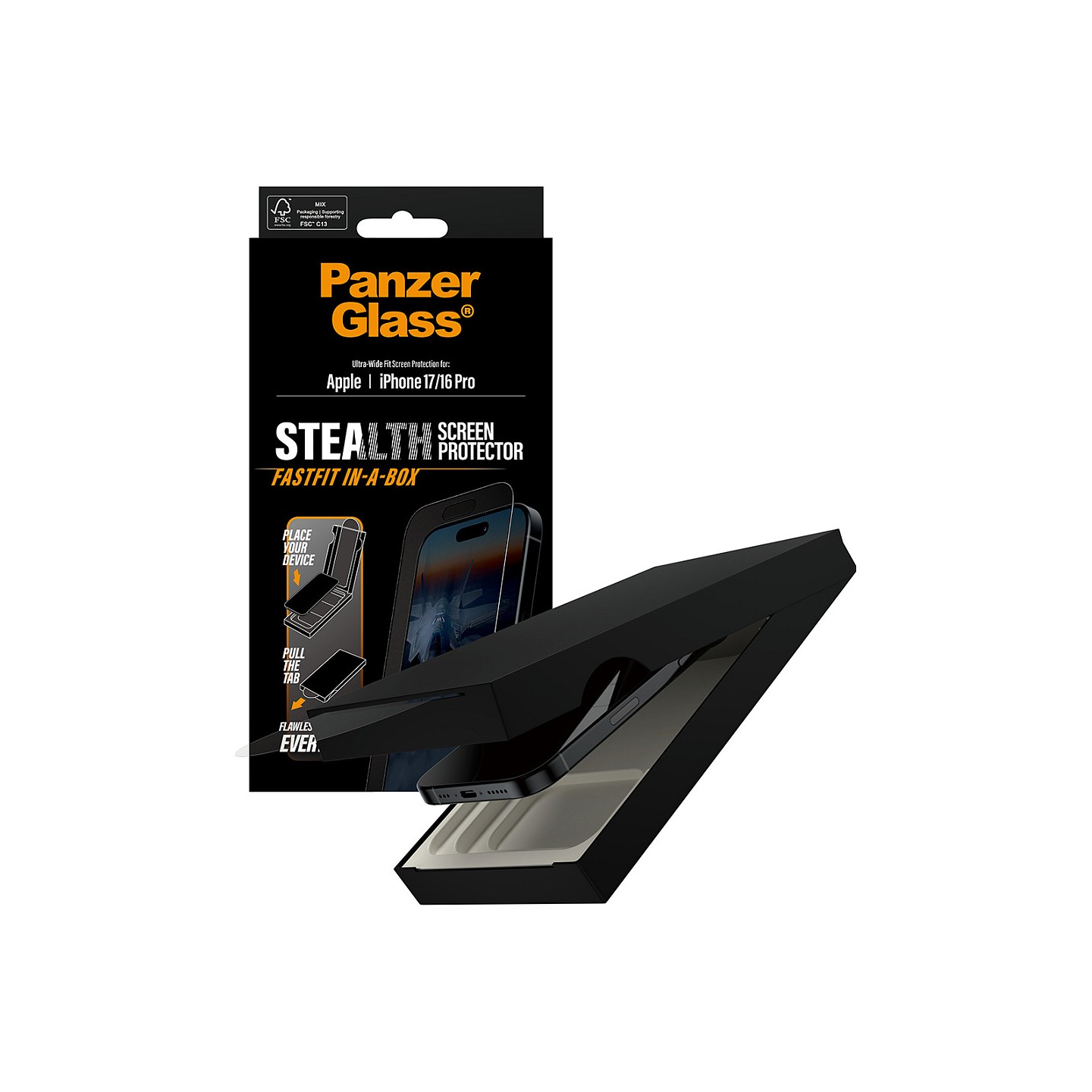 PanzerGlass Stealth Screen Protector w. Black Frame iPhone 17 iPhone 16 Pro Ultra-Wide Fit w. Fastfit in-a-box
