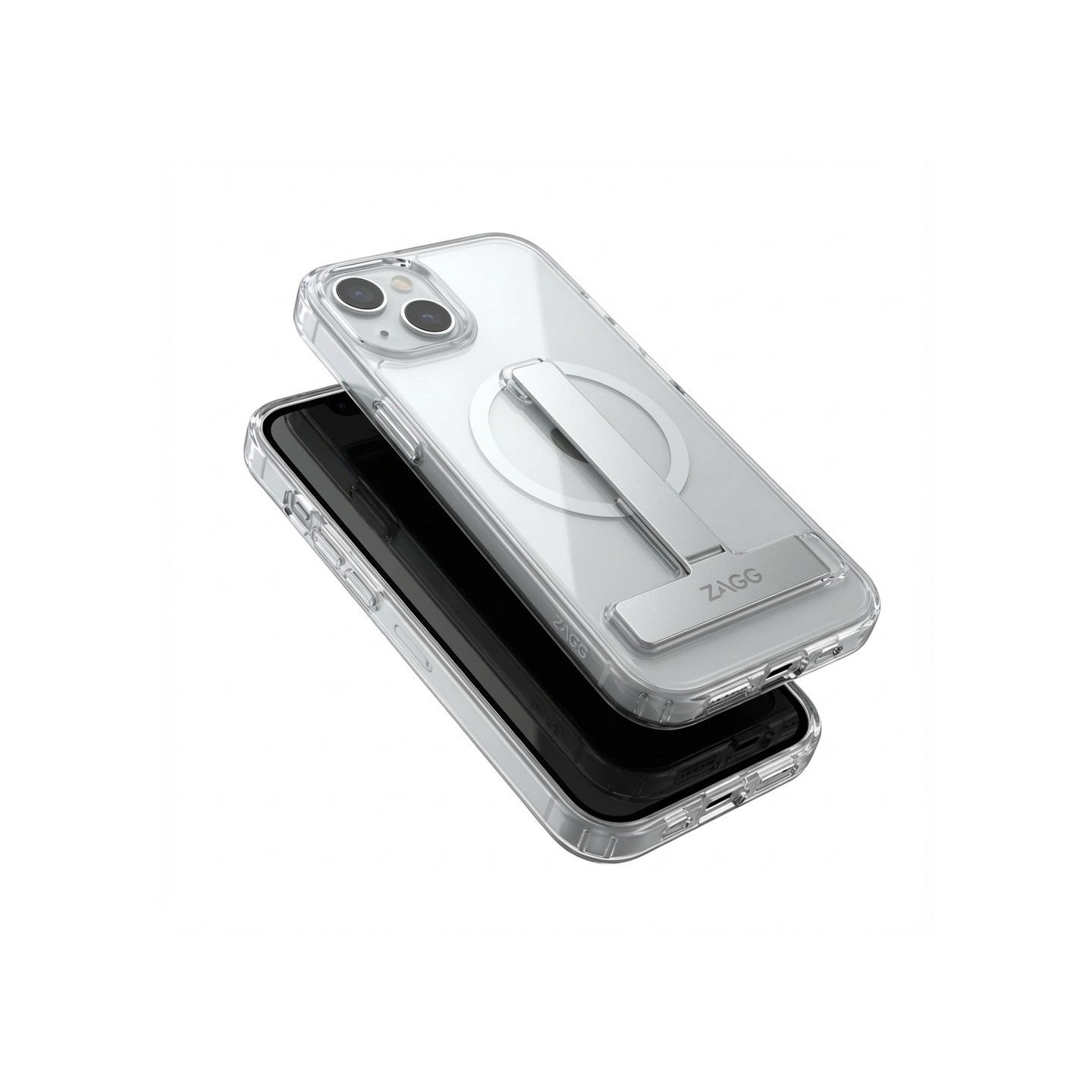 Case aus 10H Hartglas mit Kickstand für Apple iPhone 16 Plus. Transparent Silber. GA-MAGCS-IP24-SLS67WHT