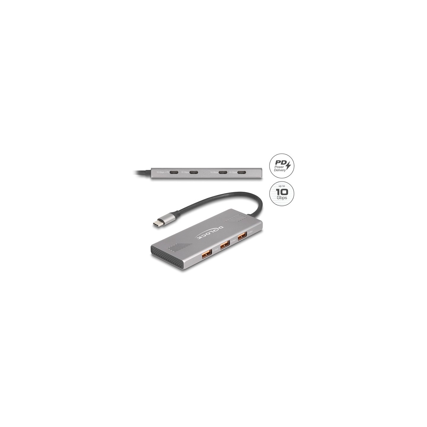 DELOCK 7 Port USB Hub 10 Gbps mit 4 x USB Type-C Buchse und 3 x USB Typ-A Buchse mit PD 80 W