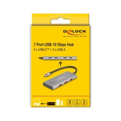 DELOCK 7 Port USB Hub 10 Gbps mit 4 x USB Type-C Buchse und 3 x USB Typ-A Buchse mit PD 80 W
