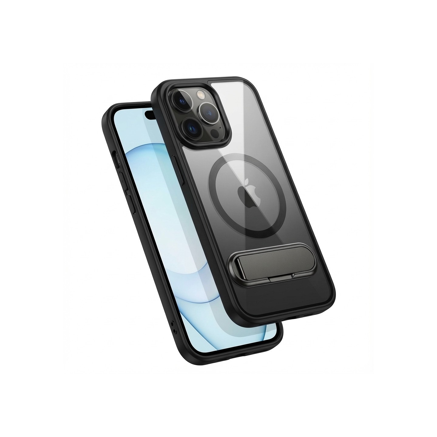 Case aus 10H Hartglas mit Kickstand für Apple iPhone 16 Pro Max. Transparent Schwarz. GA-MAGCS-IP24-BLS69BLK