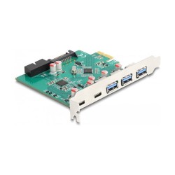 DELOCK USB 5 Gbps PCI Express x1 Karte zu 3 x extern Typ-A + 2 x extern USB Type-C Buchse und 1 x intern 19 Pin USB P...