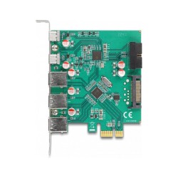 DELOCK USB 5 Gbps PCI Express x1 Karte zu 3 x extern Typ-A + 2 x extern USB Type-C Buchse und 1 x intern 19 Pin USB P...