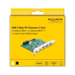 DELOCK USB 5 Gbps PCI Express x1 Karte zu 3 x extern Typ-A + 2 x extern USB Type-C Buchse und 1 x intern 19 Pin USB P...