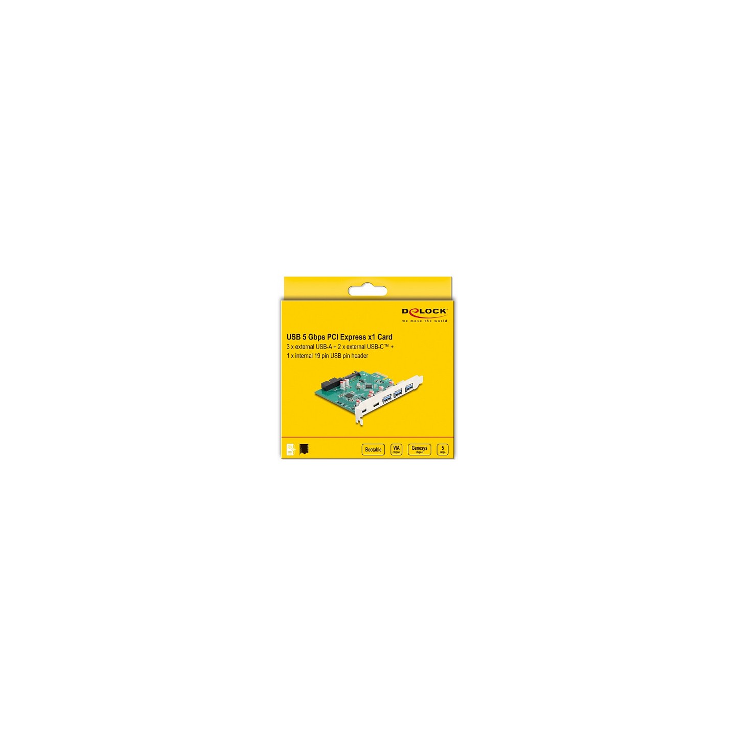 DELOCK USB 5 Gbps PCI Express x1 Karte zu 3 x extern Typ-A + 2 x extern USB Type-C Buchse und 1 x intern 19 Pin USB P...