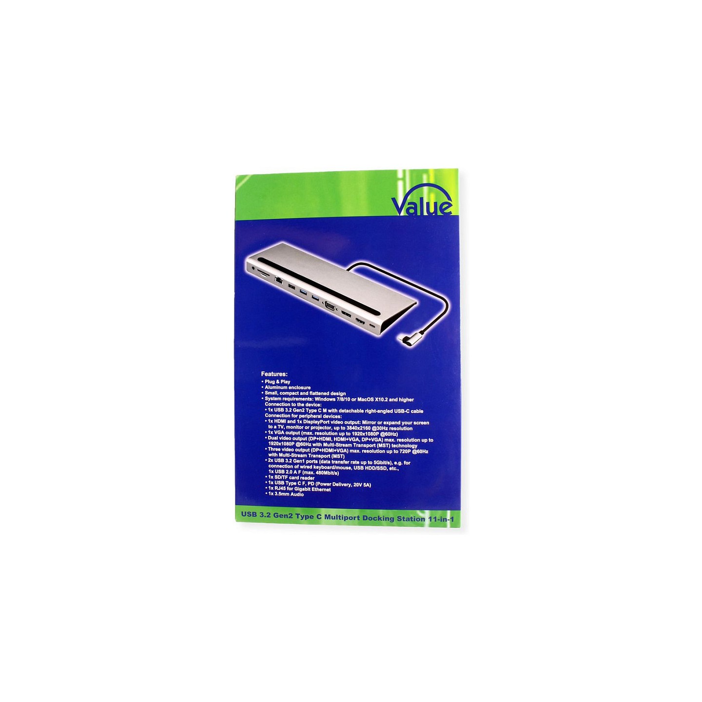 VALUE USB 3.2 Gen 2 Typ C Multiport Docking Station. 4K HDMI DP. VGA. USB. Card Reader. PD. LAN. Audio