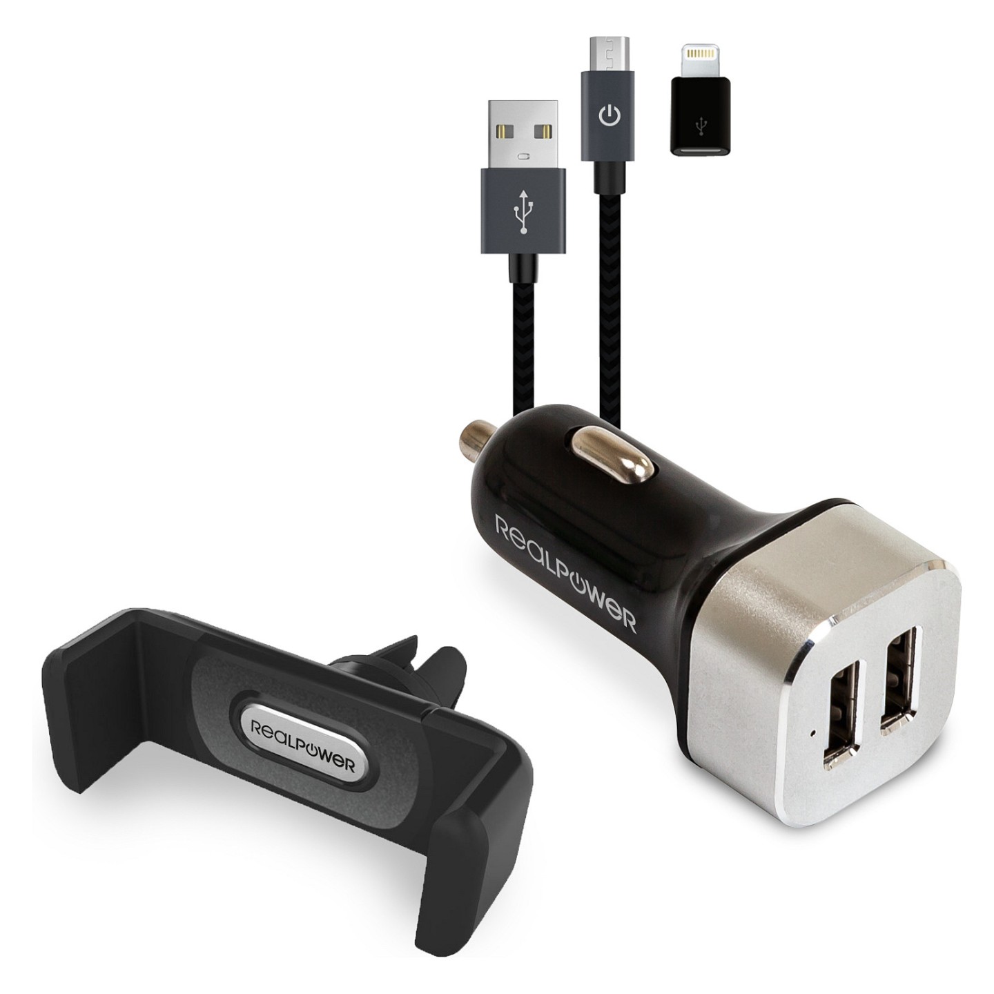 RealPower KFZ-Ladegerät Set + Kabel + Halterung Smartphone — Buy in Cyprus with Fast Delivery