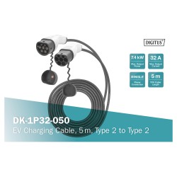 KFZ-Ladekabel für Elektroautos & PHEV - 5 m - Typ 2 auf Typ 2 - Mode 3 - 1-Phasig - 32 A - 7.4 kW - Schwarz
