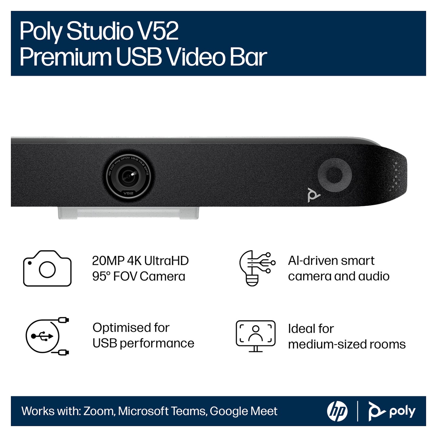HP Poly Studio V52 - Ohne Stromkabel - USB-Videoleiste - wei - TAA-konform - power adapter included