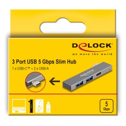 DELOCK 3 Port Slim USB Hub mit USB Type-C zu 1 x USB 5 Gbps USB Type-C + 2 x USB 5 Gbps Typ-A