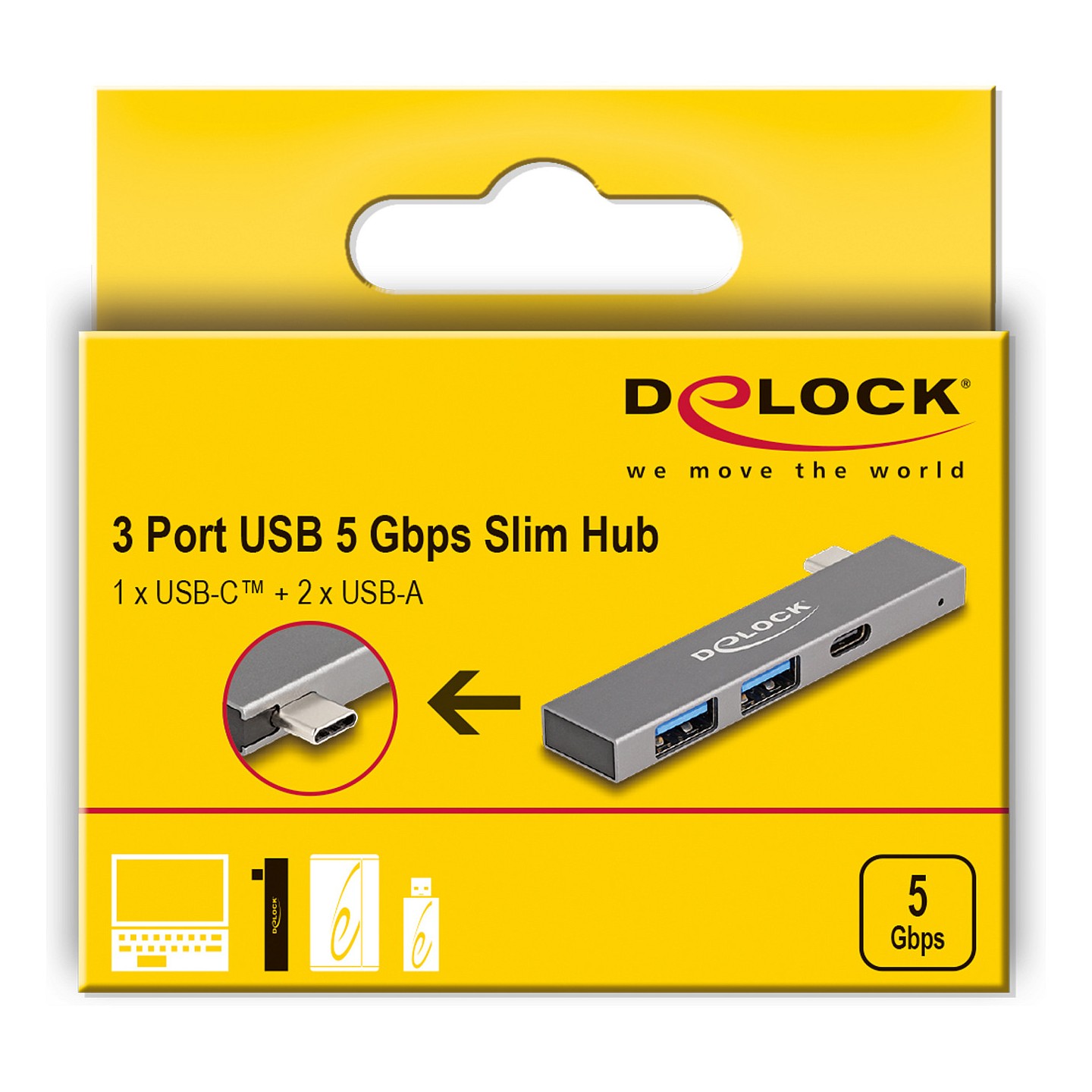 DELOCK 3 Port Slim USB Hub mit USB Type-C zu 1 x USB 5 Gbps USB Type-C + 2 x USB 5 Gbps Typ-A