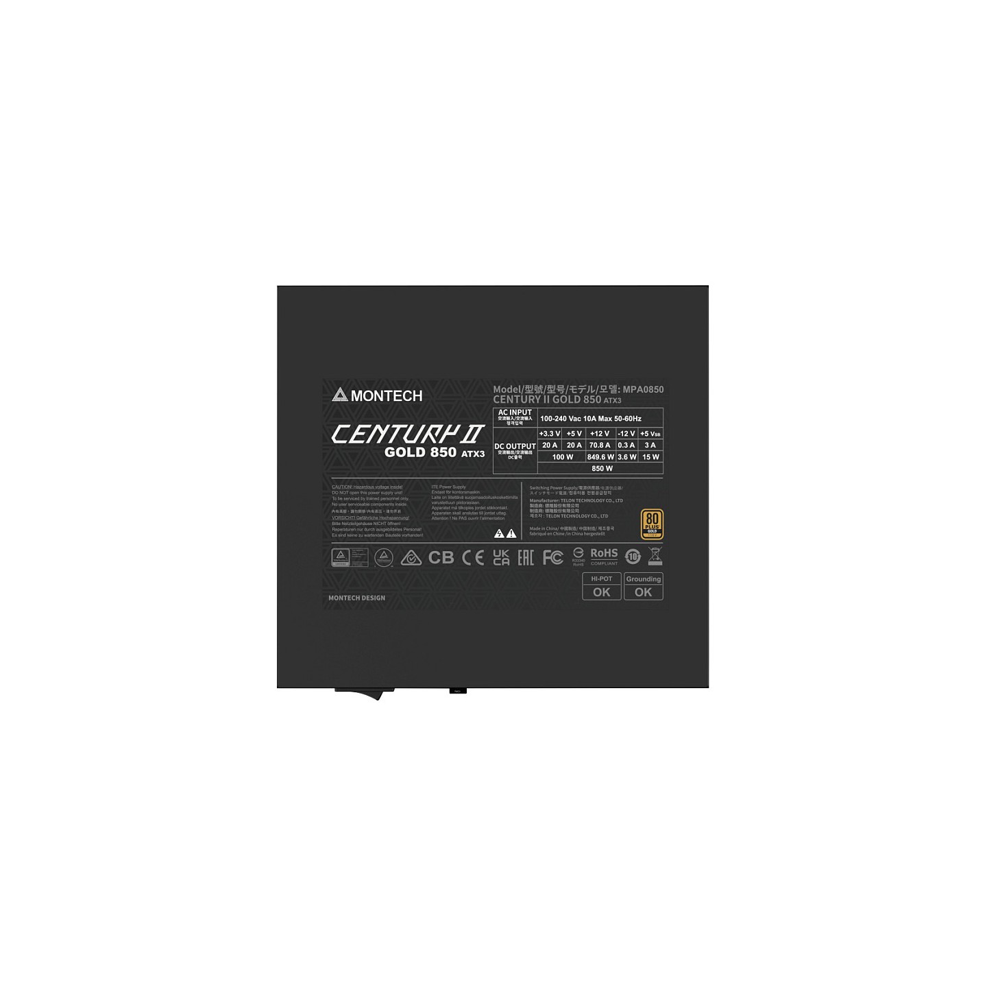 850W Montech CENTURY II 850 (silber. 1x 12-Pin High Power GPU. 4x PCIe. Kabelmanagement. 850 Watt)