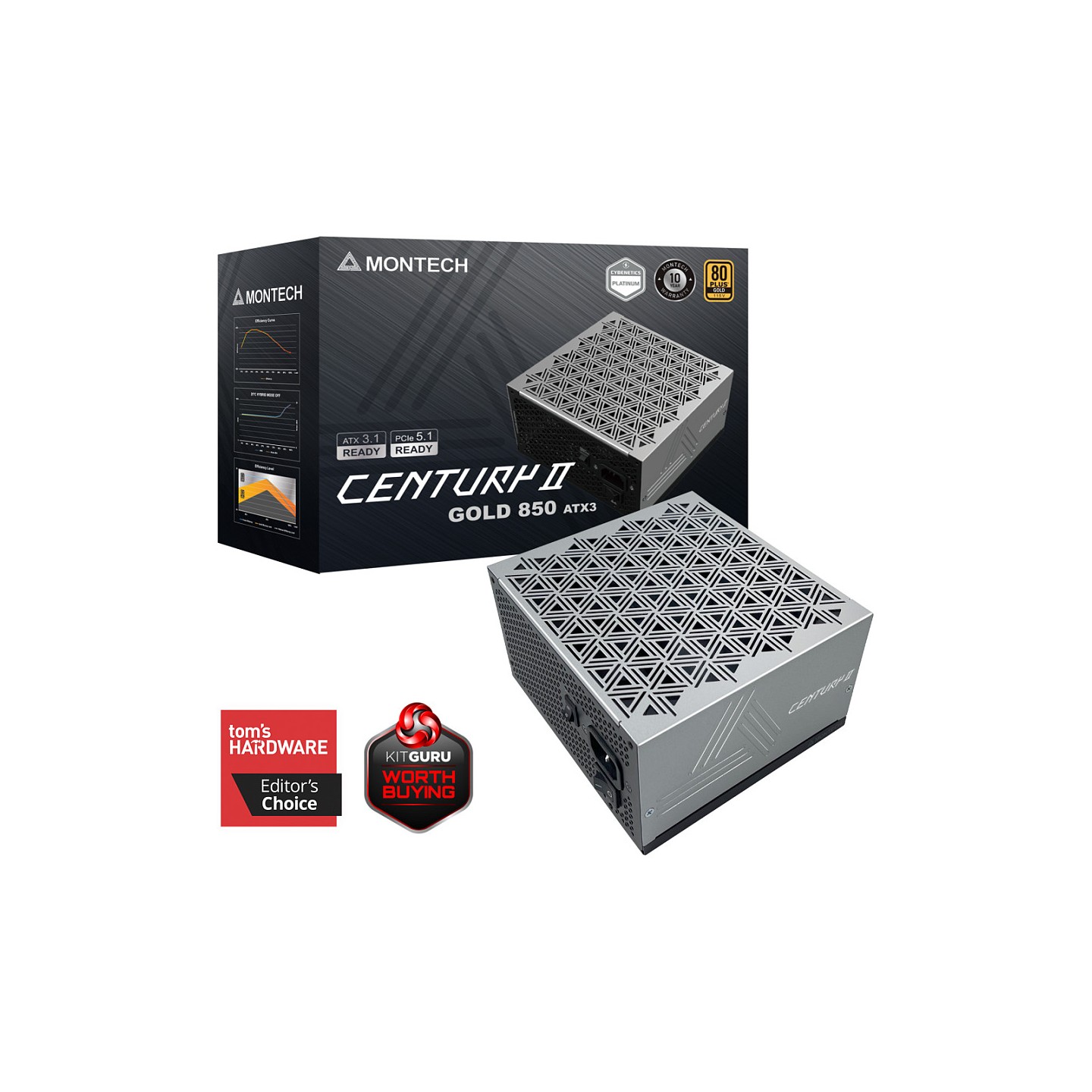 850W Montech CENTURY II 850 (silber. 1x 12-Pin High Power GPU. 4x PCIe. Kabelmanagement. 850 Watt)