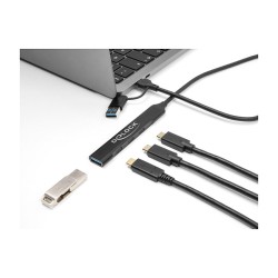 DELOCK 4 Port Slim USB Hub mit USB Type-C oder USB Typ-A zu 3 x USB 5 Gbps USB Type-C + 1 x USB 5 Gbps Typ-A