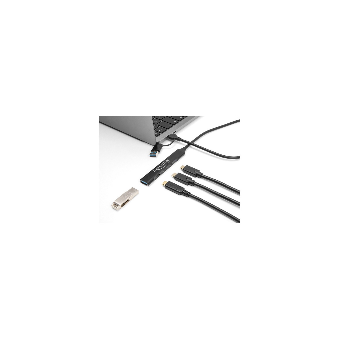 DELOCK 4 Port Slim USB Hub mit USB Type-C oder USB Typ-A zu 3 x USB 5 Gbps USB Type-C + 1 x USB 5 Gbps Typ-A