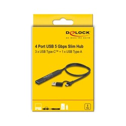 DELOCK 4 Port Slim USB Hub mit USB Type-C oder USB Typ-A zu 3 x USB 5 Gbps USB Type-C + 1 x USB 5 Gbps Typ-A
