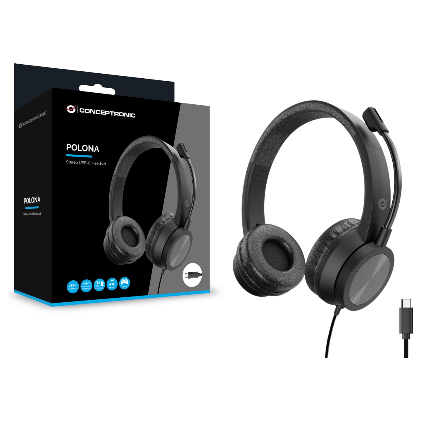 CONCEPTRONIC Headset USB-C Mikro.int.Bed.Stereo 2.0m sw — Buy in Cyprus with Fast Delivery