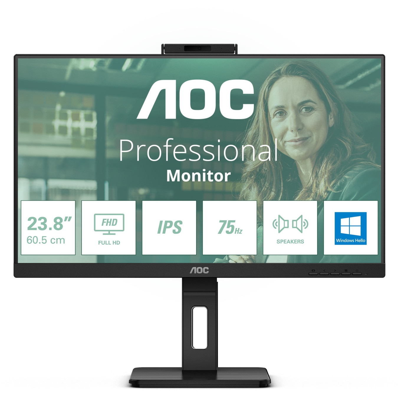 AOC 24P3CW - 23.8in IPS Full HD Monitor, 75Hz, 4ms, USB-C 65W, HDMI + 2x DP, Built-in Webcam, Black