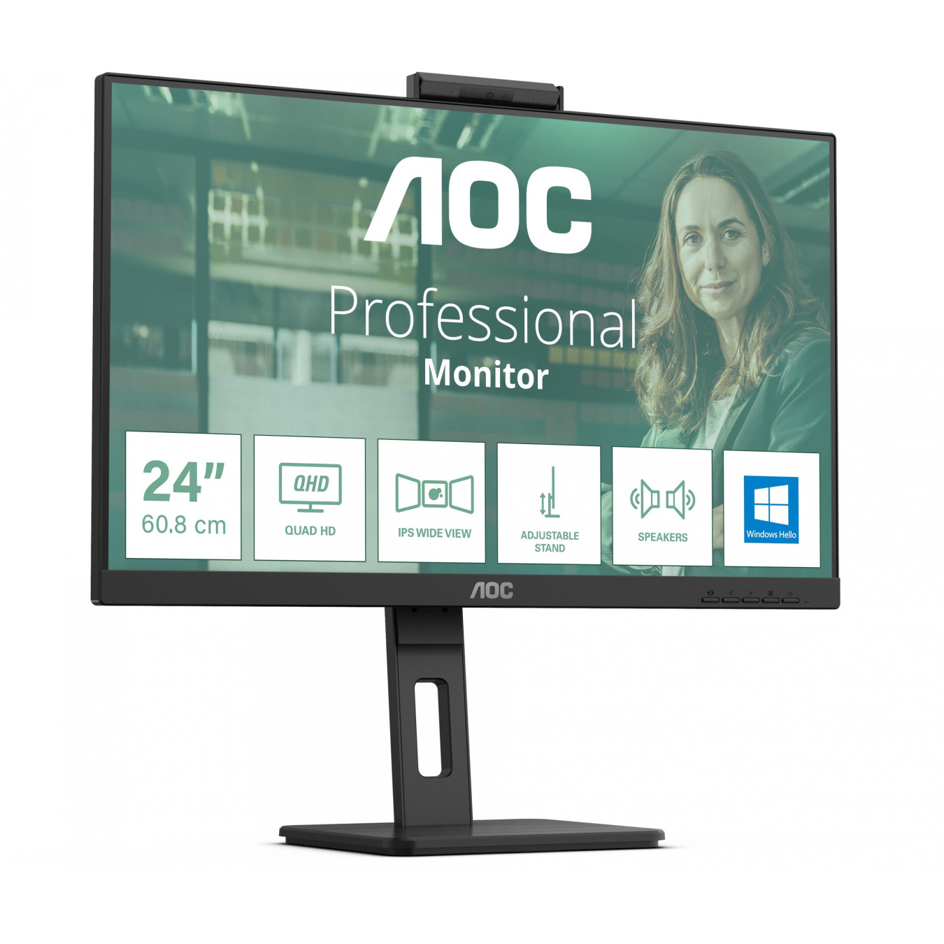 AOC 24P3CW - 23.8in IPS Full HD Monitor, 75Hz, 4ms, USB-C 65W, HDMI + 2x DP, Built-in Webcam, Black