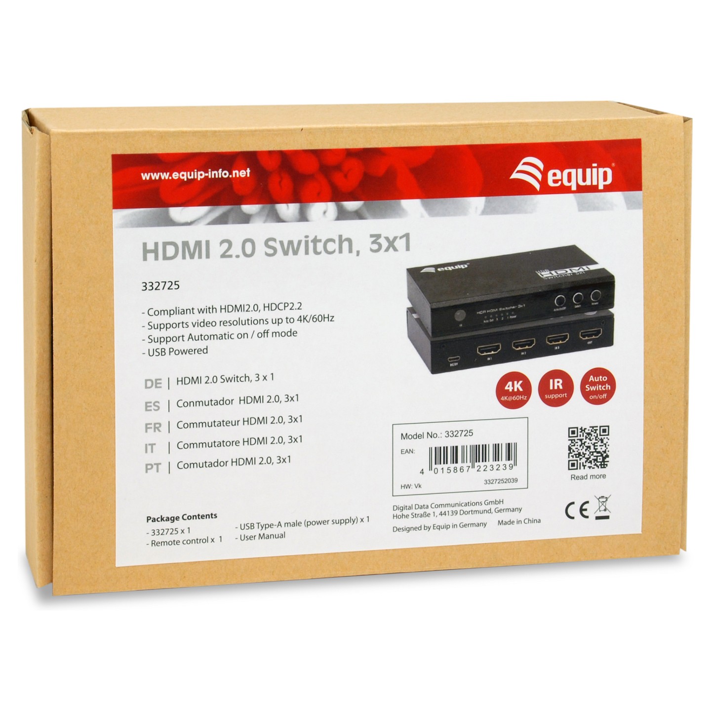 Equip Switch HDMI2.0 3-In 1-Out +Fernbed. 4K 60Hz 18Gbps — Buy in Cyprus with Fast Delivery