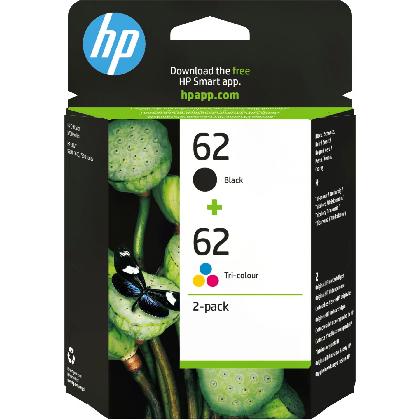HP 62 Original Ink Cartridges - N9J71AE - Black & Tri-color (Cyan, Magenta, Yellow), Standard Yield, 2-Pack