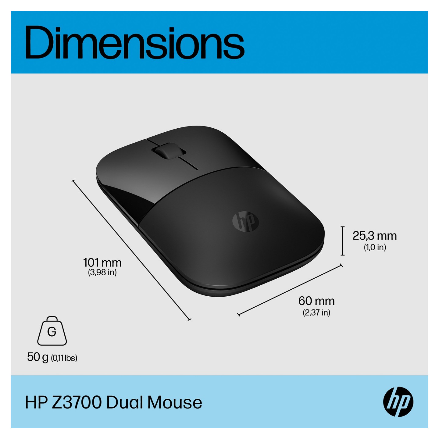 HP Z3700 - Maus - optisch - 3 Tasten - kabellos - Bluetooth 5.0. 2.4 GHz - kabelloser Empfänger (USB)