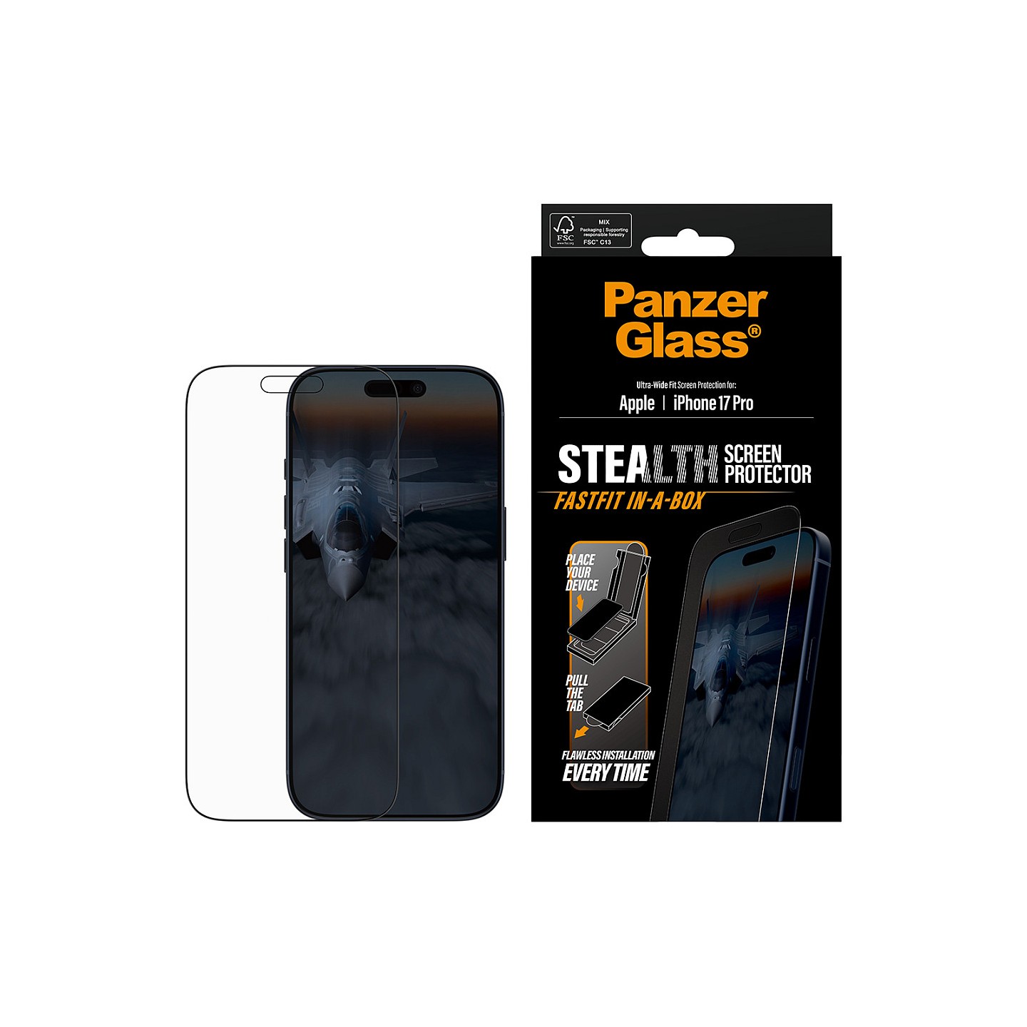PanzerGlass Stealth Screen Protector w. Black Frame iPhone 17 Pro Ultra-Wide Fit w. Fastfit in-a-box