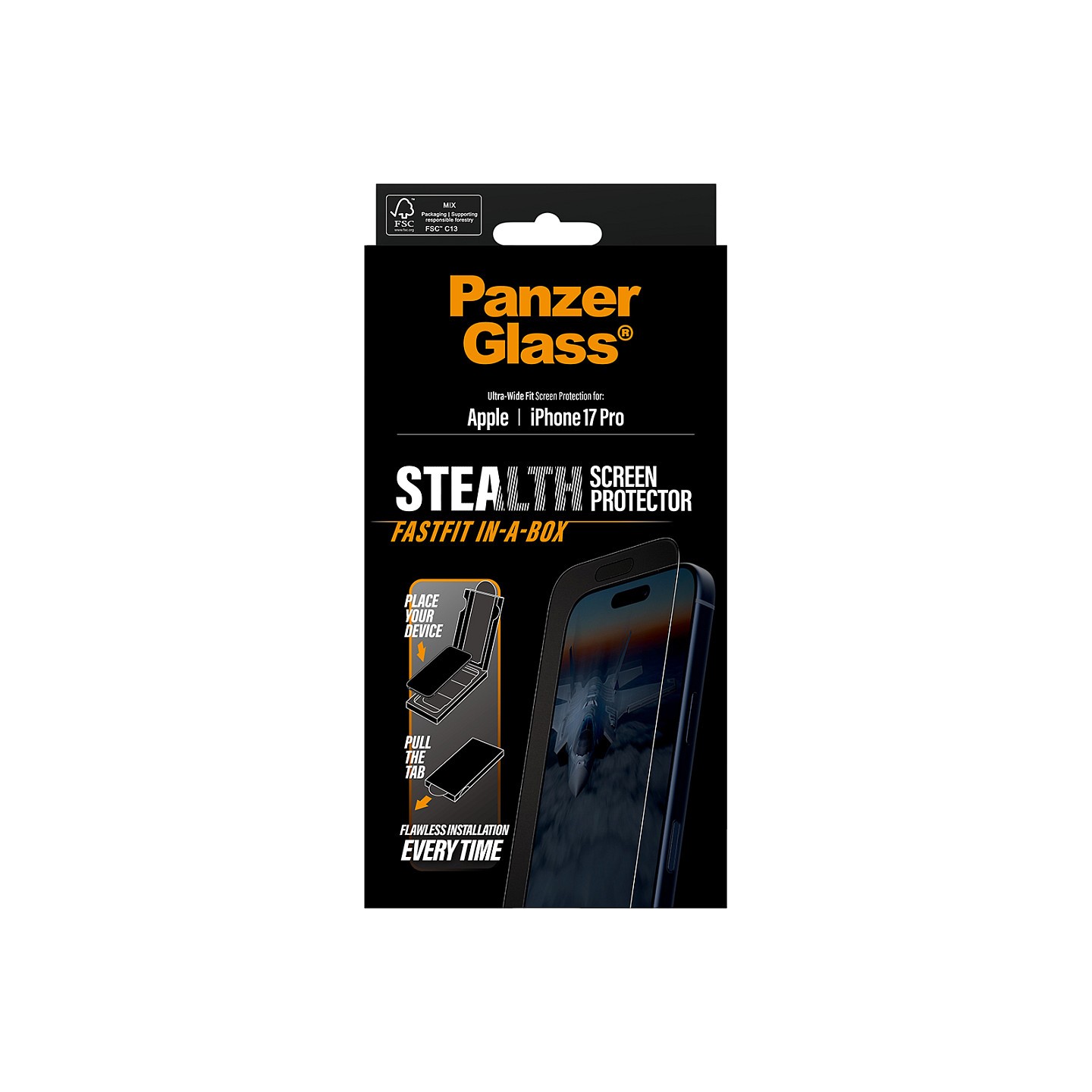 PanzerGlass Stealth Screen Protector w. Black Frame iPhone 17 Pro Ultra-Wide Fit w. Fastfit in-a-box