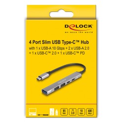 DELOCK 4 Port Slim USB Type-C Hub mit 1 x USB 10 Gbps Typ-A + 2 x USB 2.0 Typ-A + 1 x USB 2.0 USB Type-C und PD 95 W