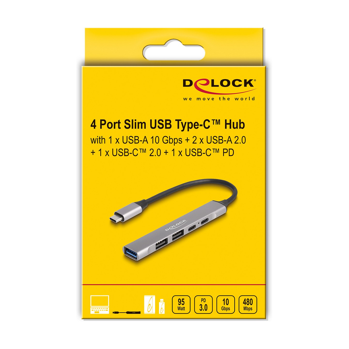 DELOCK 4 Port Slim USB Type-C Hub mit 1 x USB 10 Gbps Typ-A + 2 x USB 2.0 Typ-A + 1 x USB 2.0 USB Type-C und PD 95 W