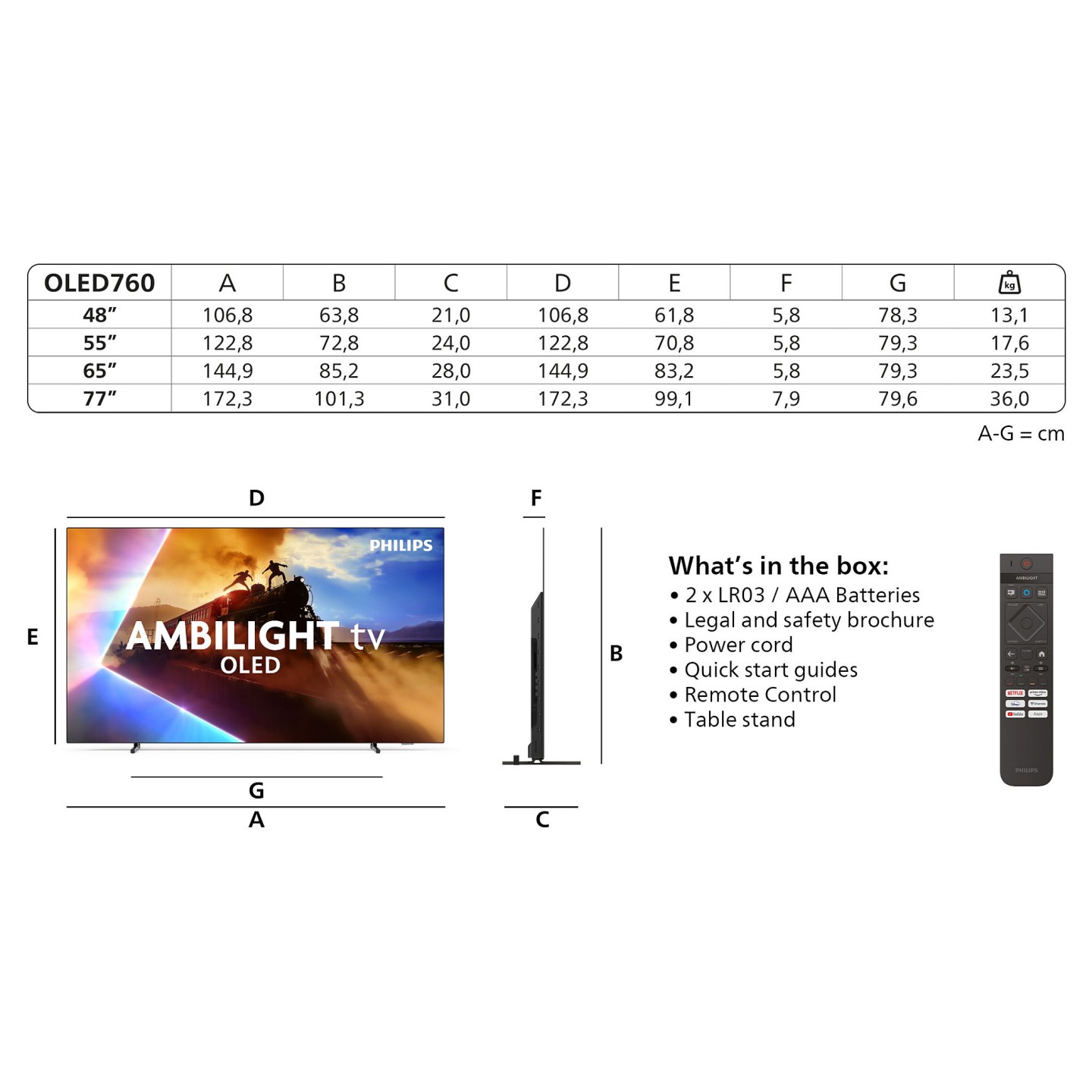 194cm 77' (3840x2160) Philips 77OLED760 12 16:9 OLED 120Hz 4x HDMI 2.1 3x USB 3-seitiges Ambilight P5 AI Engine Wi-Fi...