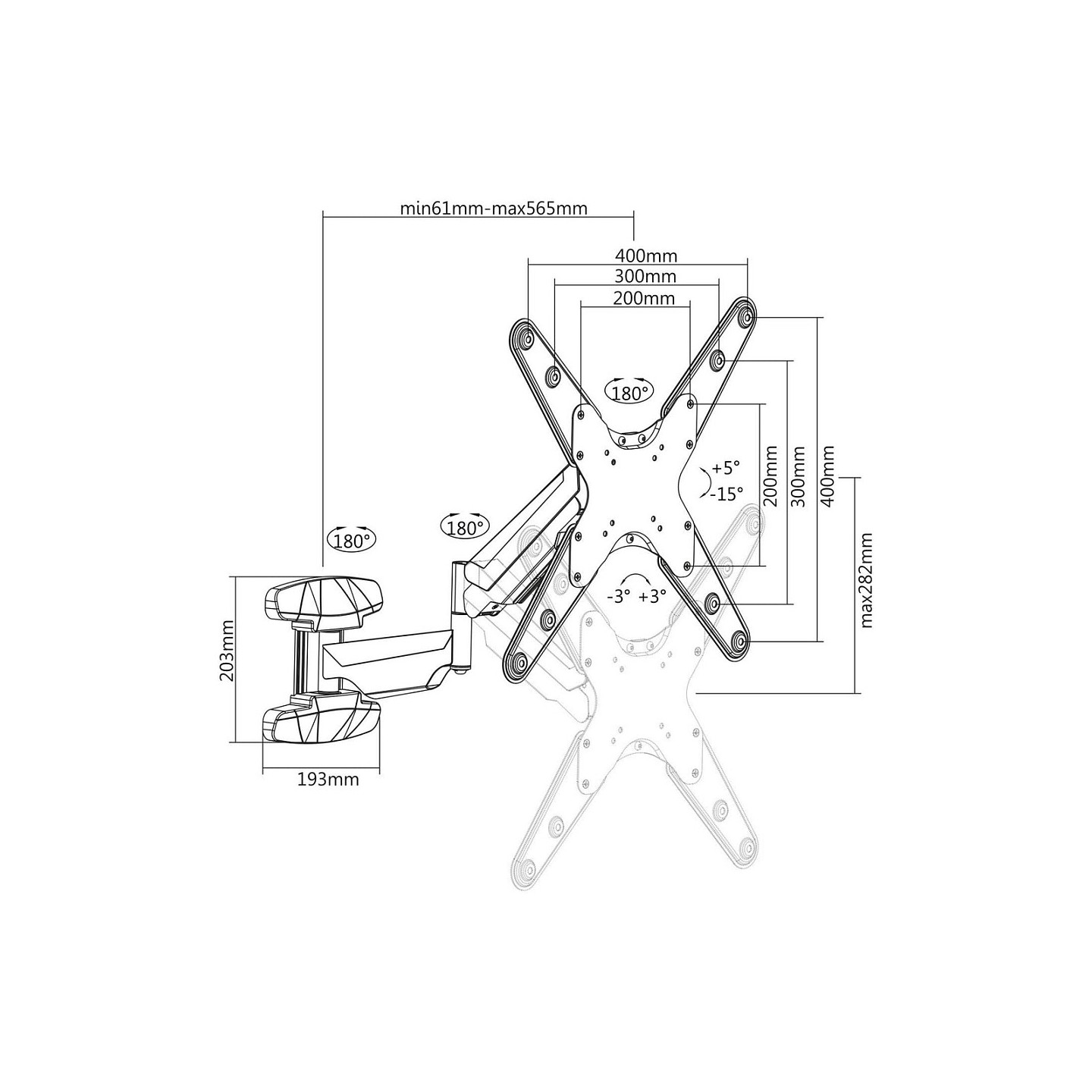 MANHATTAN TV-Wandhalterung mit Gasdruckfeder und Kugelgelenk geeignet fuer ein Display von 53.34cm-152.4cm 21Z-60Z un...