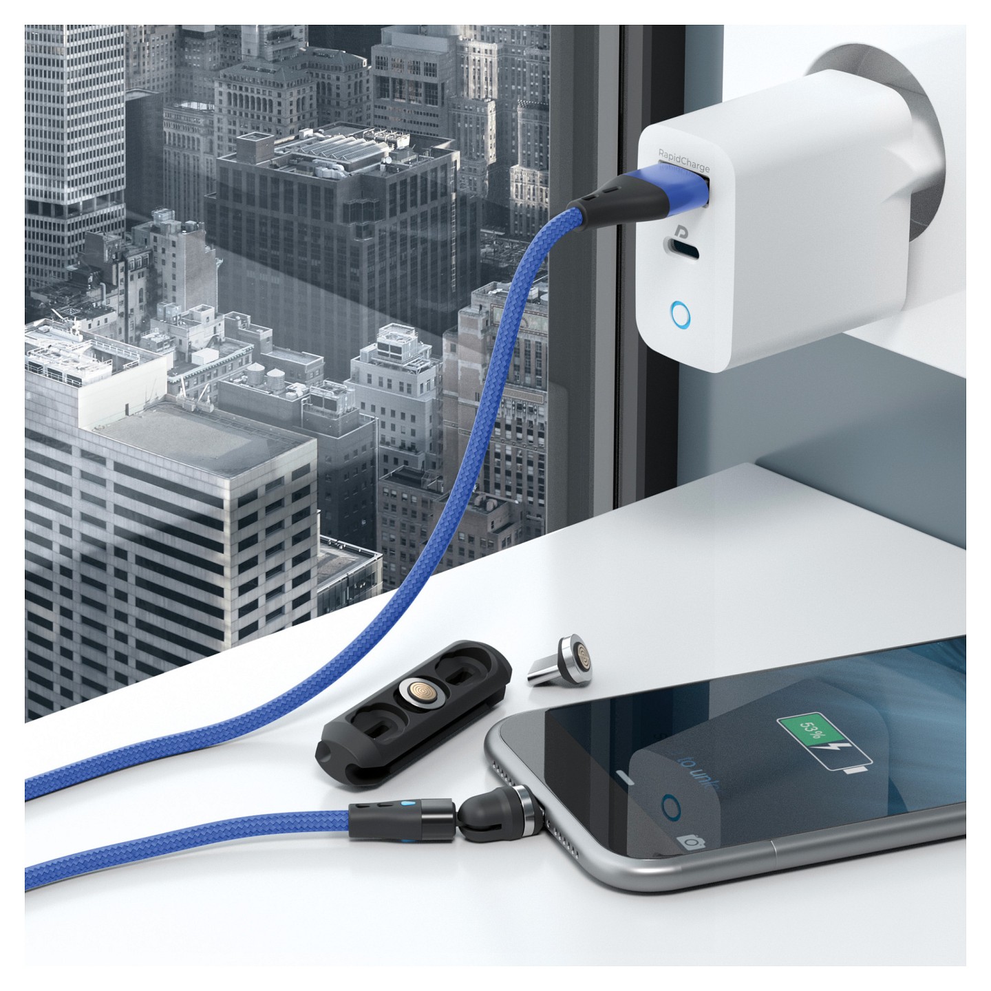 RealPower Magnetic cable 3 Amp.2m.blau mit Adaptern — Buy in Cyprus with Fast Delivery