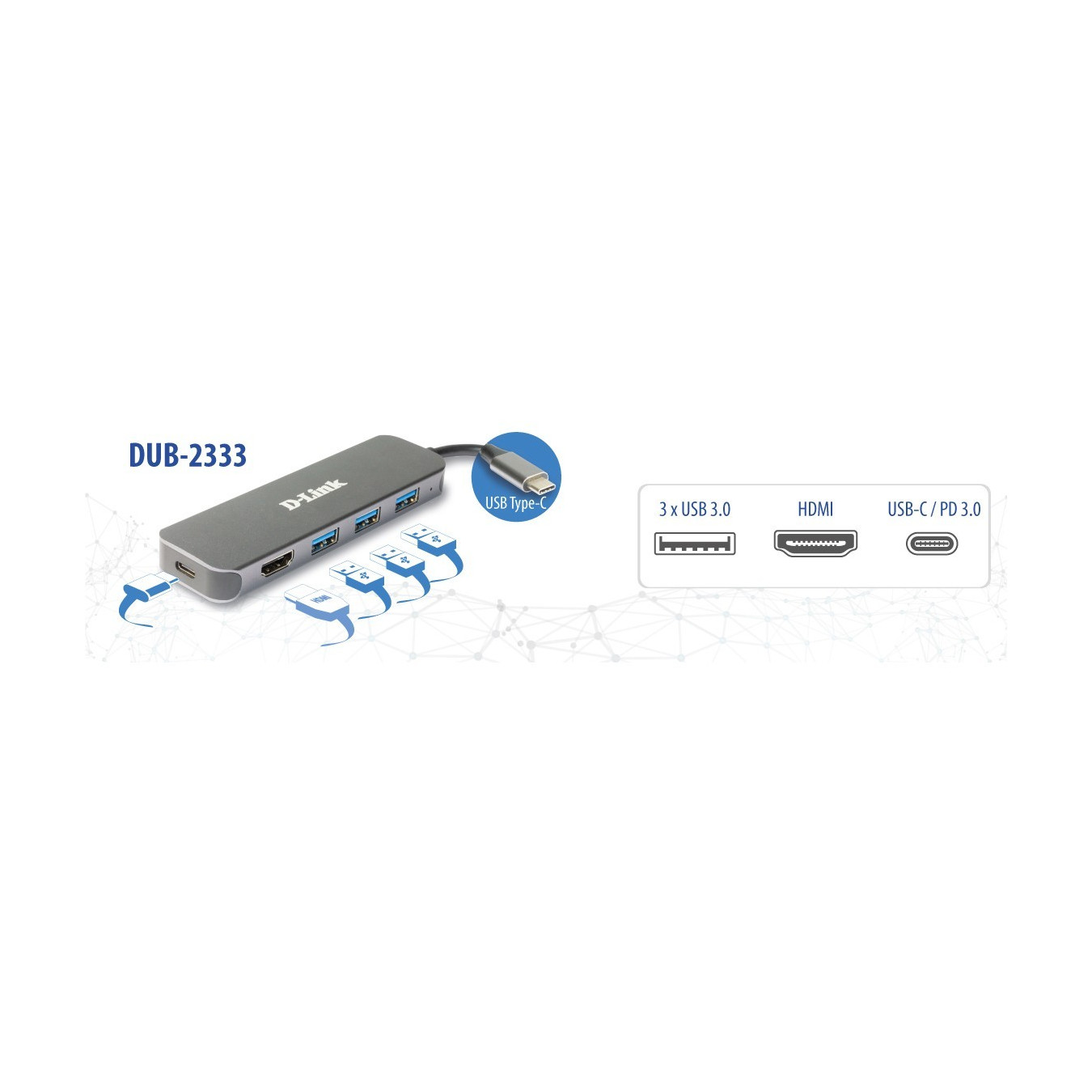 D-Link 5-in-1 USB-C Hub - DUB-2333 - HDMI 4K, 60W Power Delivery, 3x USB-A, USB-C, Grey — Buy in Cyprus with Fast Delivery