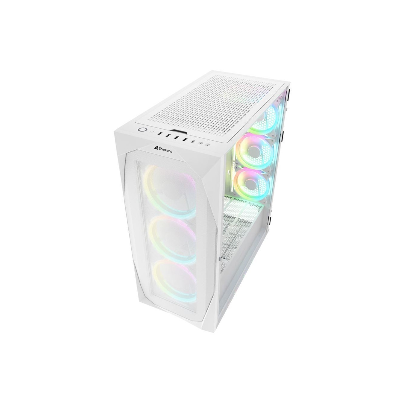 Sharkoon REV300 White - Midi Tower PC Case (E-ATX/ATX/mATX/Mini-ITX) Tempered Glass, RGB Fans, Front USB-C