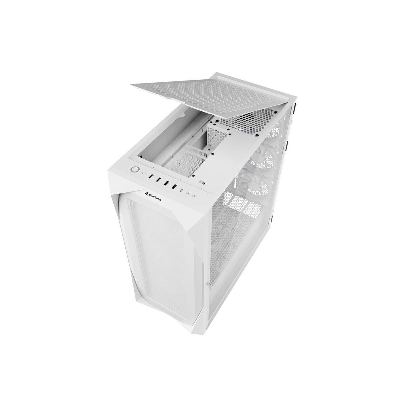 Sharkoon REV300 White - Midi Tower PC Case (E-ATX/ATX/mATX/Mini-ITX) Tempered Glass, RGB Fans, Front USB-C