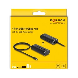 DELOCK 4 Port USB 10 Gbps Hub mit USB Type-C Anschluss 60cm Kabel und Schalter fur jeden Port