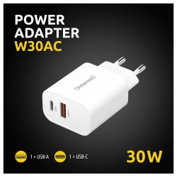 Intenso Power Adapter W30AC. Anschlüsse: 1x USB-A. 1x USB-C Output: max. 30 Watt. Weiß — Buy in Cyprus with Fast Delivery