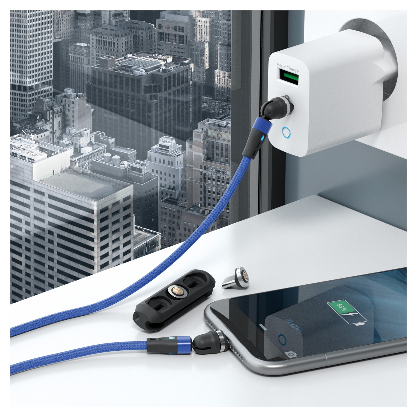 RealPower Magnetic cable.1m.2x magnetisch.blau mit Adaptern — Buy in Cyprus with Fast Delivery
