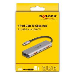 DELOCK USB 10 Gbps 2 Port USB Typ-A + 2 Port USB Type-C Hub mit USB Type-C Anschluss und PD 95 Watt