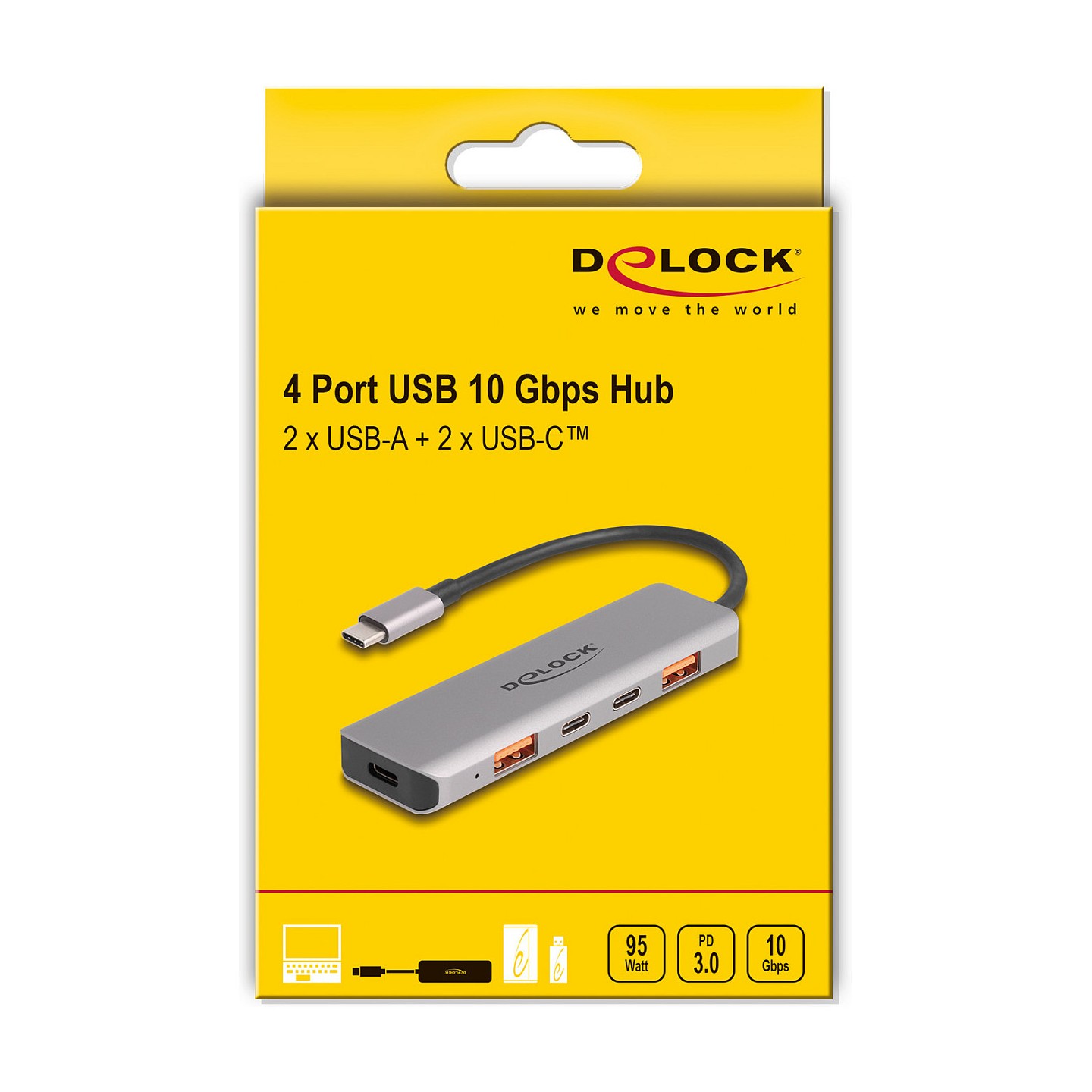 DELOCK USB 10 Gbps 2 Port USB Typ-A + 2 Port USB Type-C Hub mit USB Type-C Anschluss und PD 95 Watt