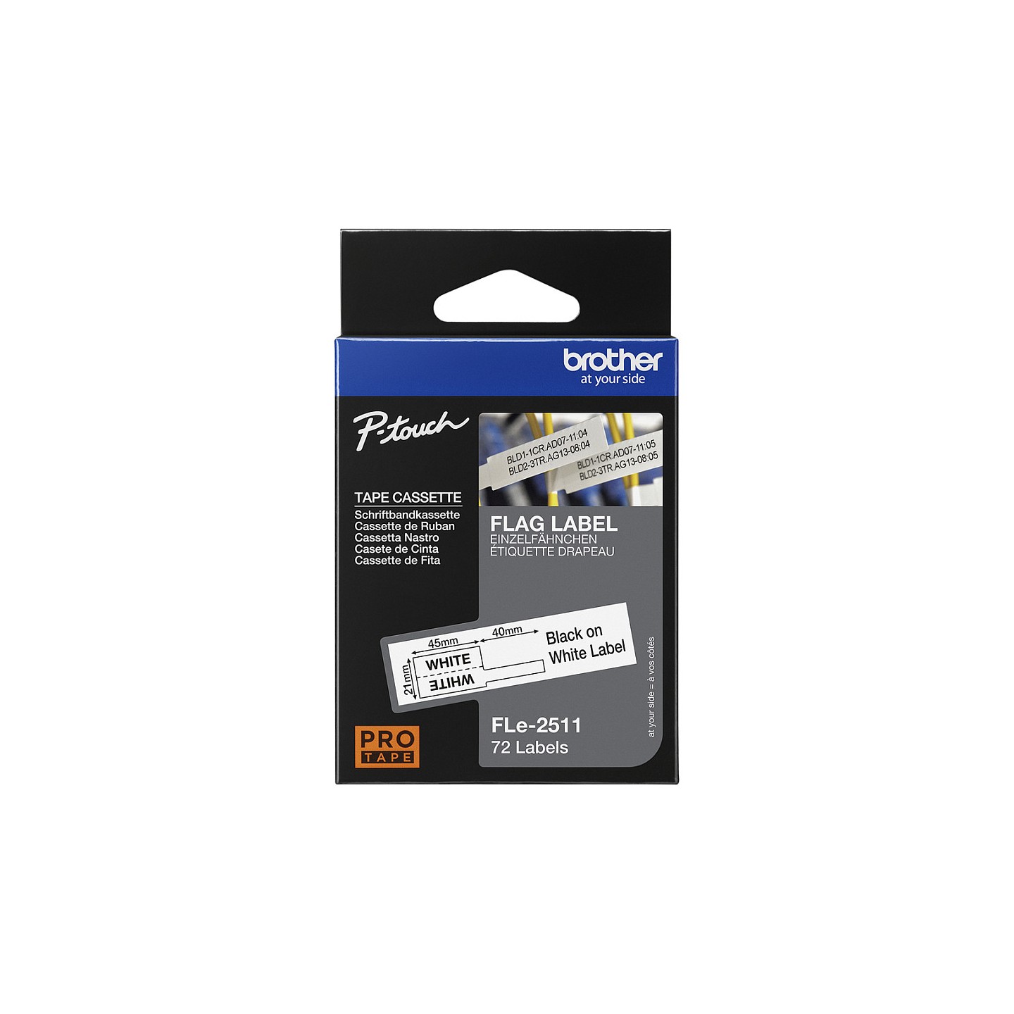 BROTHER FLe-2511 FLe-Einzelfhnchen-Etiketten weiss schwarz 72 St Kassette fr Brother P-touch D800W. P900W. P950NW