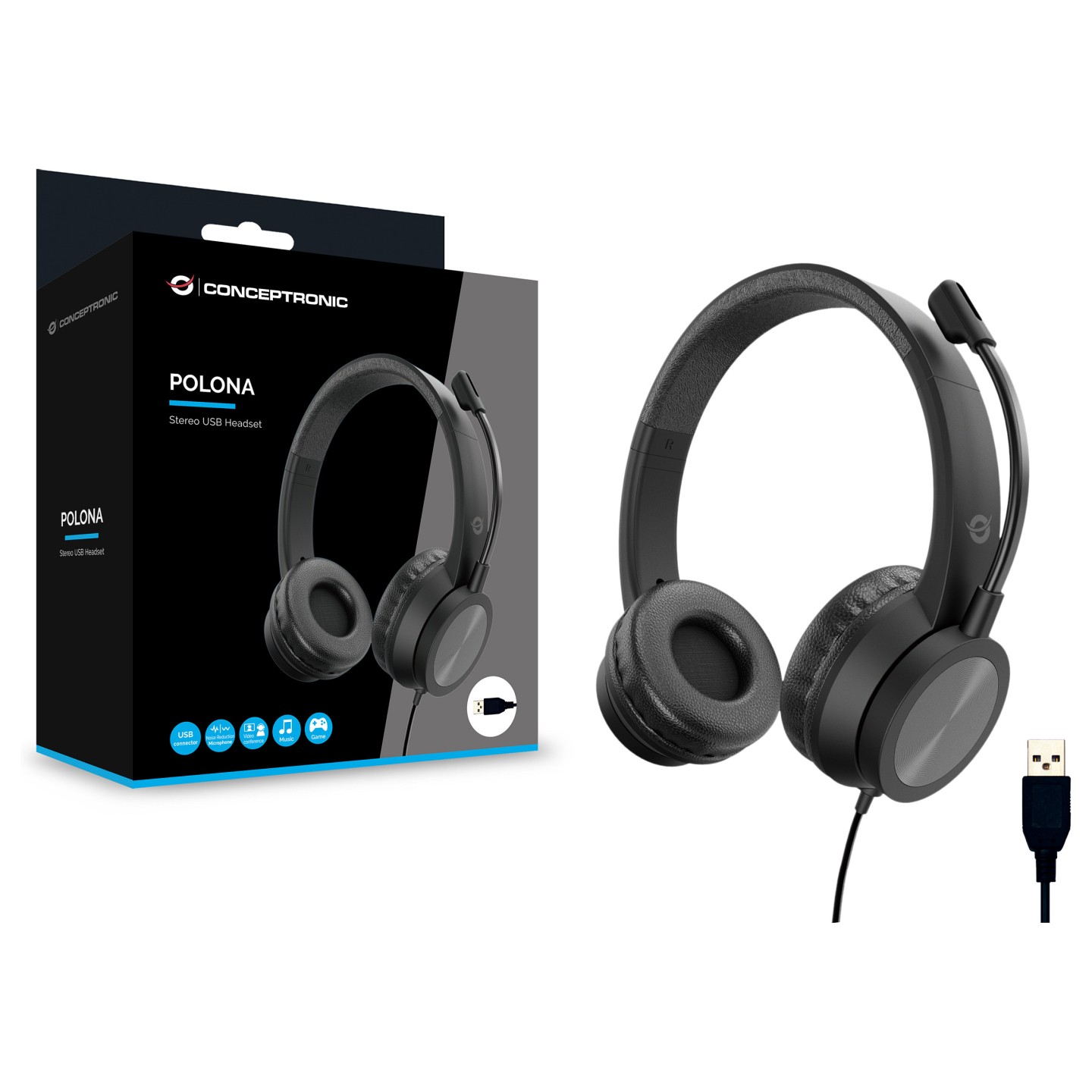 CONCEPTRONIC Headset USB-A Mikro.int.Bed.Stereo 2.0m sw — Buy in Cyprus with Fast Delivery